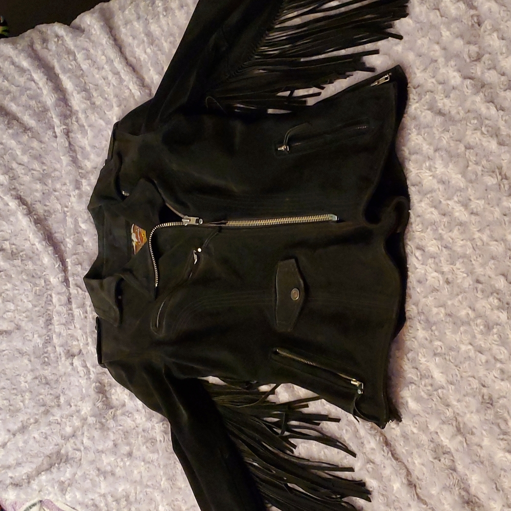 Genuine Harley Davidson suede fringe moto jacket.